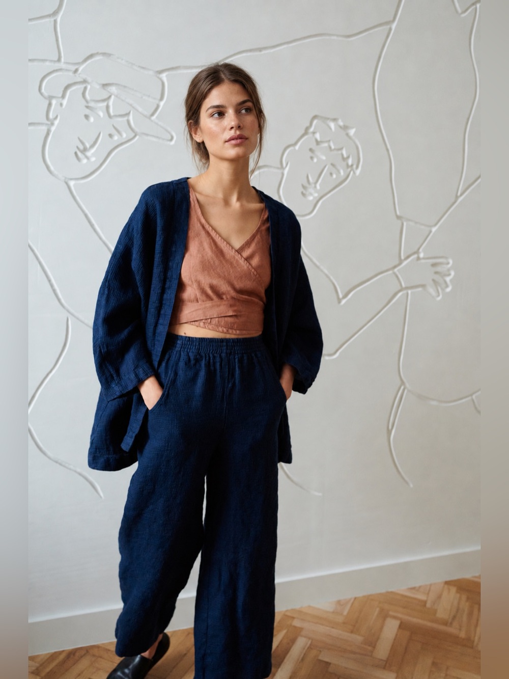 Linenfox Ocean Waffle Linen Trousers Pants Wide Leg Navy Blue size Small